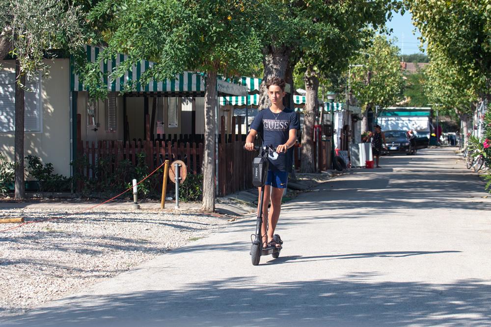 Personne sur une trottinette électrique dans une rue bordée d'arbres.