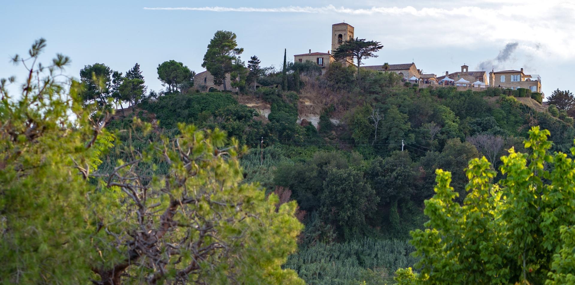 Collina con edifici storici e vegetazione rigogliosa.