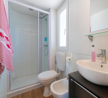 Salle de bain moderne avec douche, lavabo et bidet.