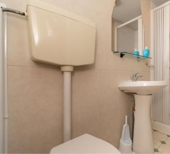 Salle de bain avec douche, lavabo et toilettes.